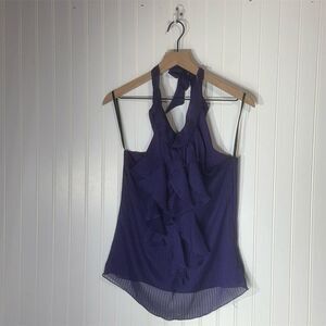 IZ Byer California Ruffle Halter Top M Purple Sheer Y2K Party Tie Neck Blouse